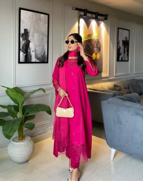 Pakistani boutique Femenite Luxury Cotton Stitched 3Pcs _ Hot Pink 